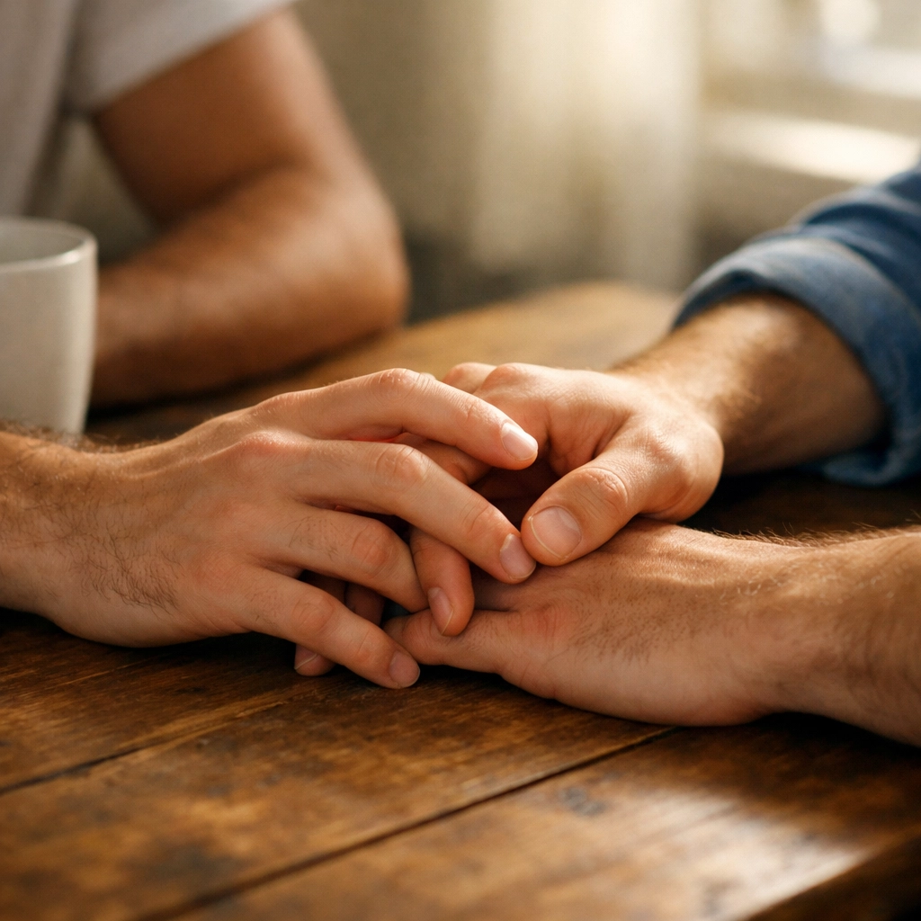 Close-up of two men tentatively touching hands, depicting the transition from best friends to a gay romance.