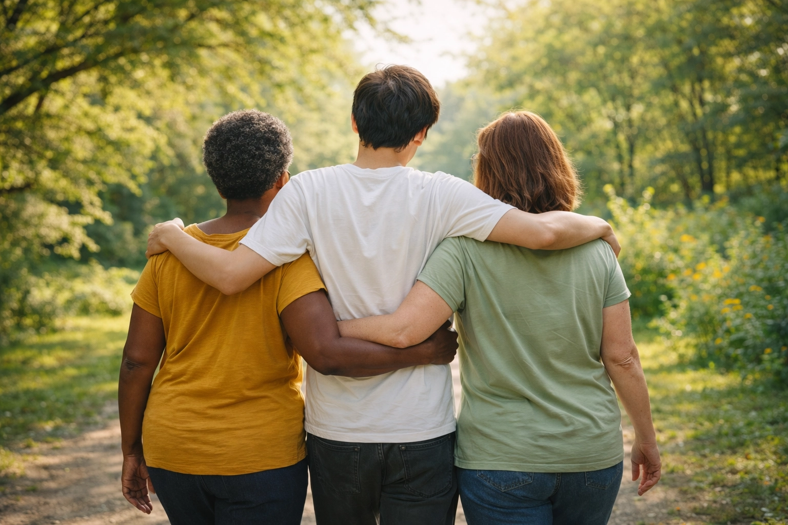 Two people walking side-by-side in a sunny park, representing support for processing loss and grief.