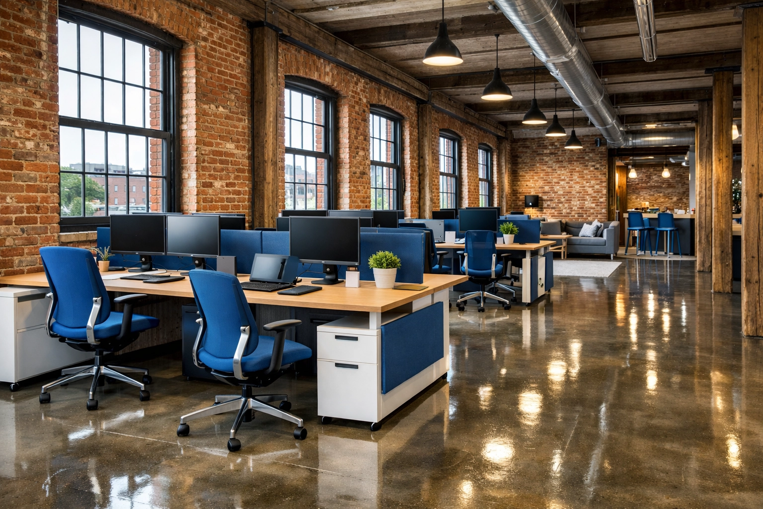 Modern office in a historic Lynn building with polished concrete floors and clean brick walls.