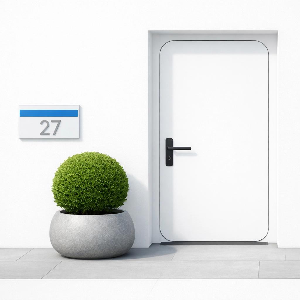 Prep your home's exterior with Clean modern entryway with a white door and topiary, perfect for boosting curb appeal for Lancaster home sellers.