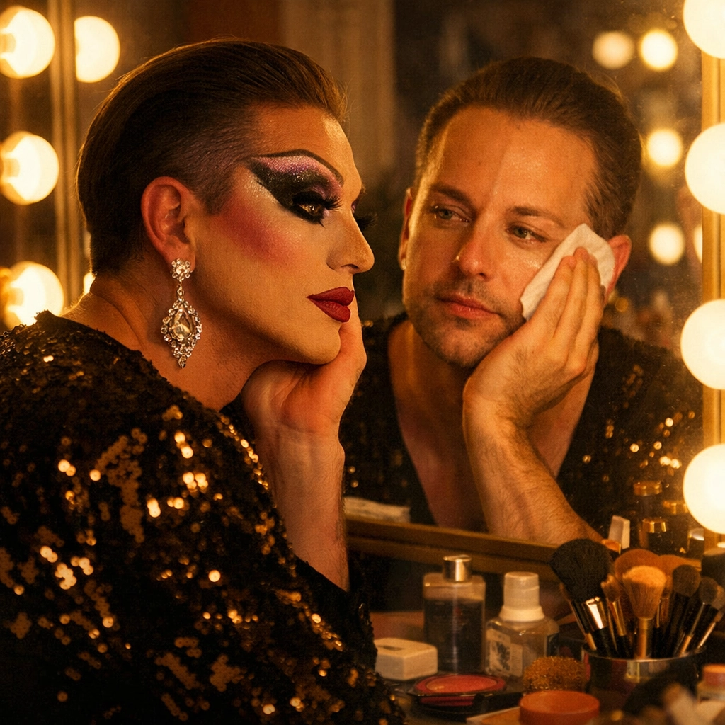 Drag performer removing stage makeup in dressing room mirror, transitioning to everyday authentic self