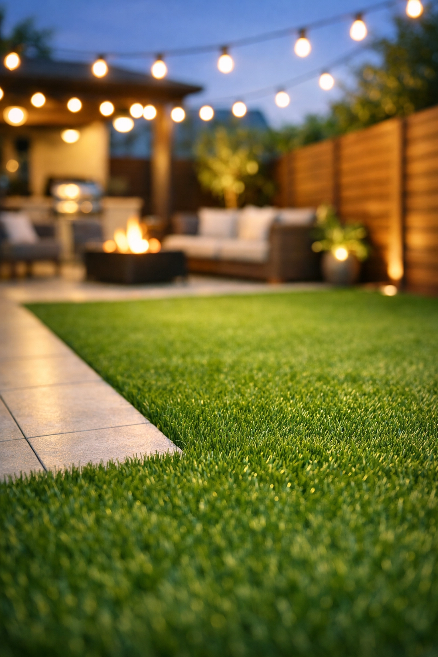 Luxury garden transformation in Cardiff featuring high-end artificial turf and a porcelain patio.
