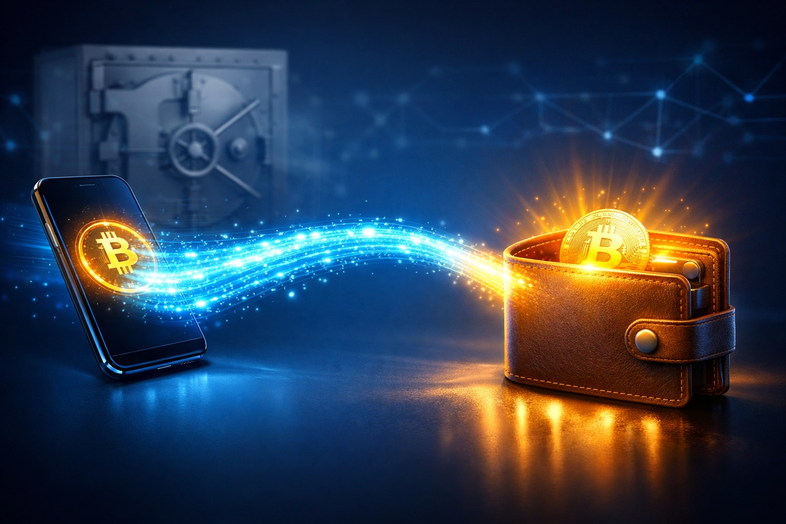 Crypto payment flowing instantly from phone to merchant wallet with instant settlement