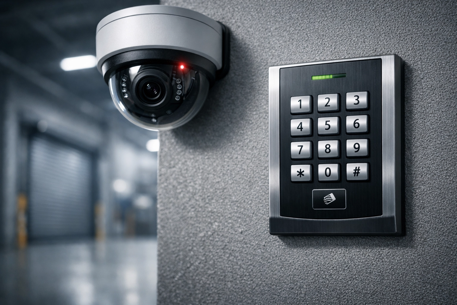 High-tech security camera and keypad access at a secure hertford storage facility.