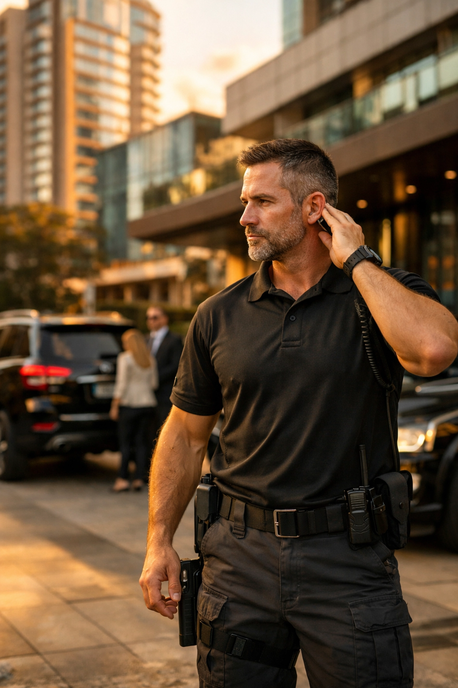 Executive protection professional demonstrating situational awareness in Medellin
