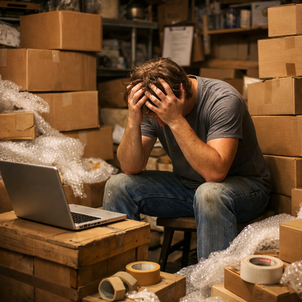 Exhausted ecommerce for small business owner overwhelmed by warehouse fulfillment tasks in a cluttered garage.