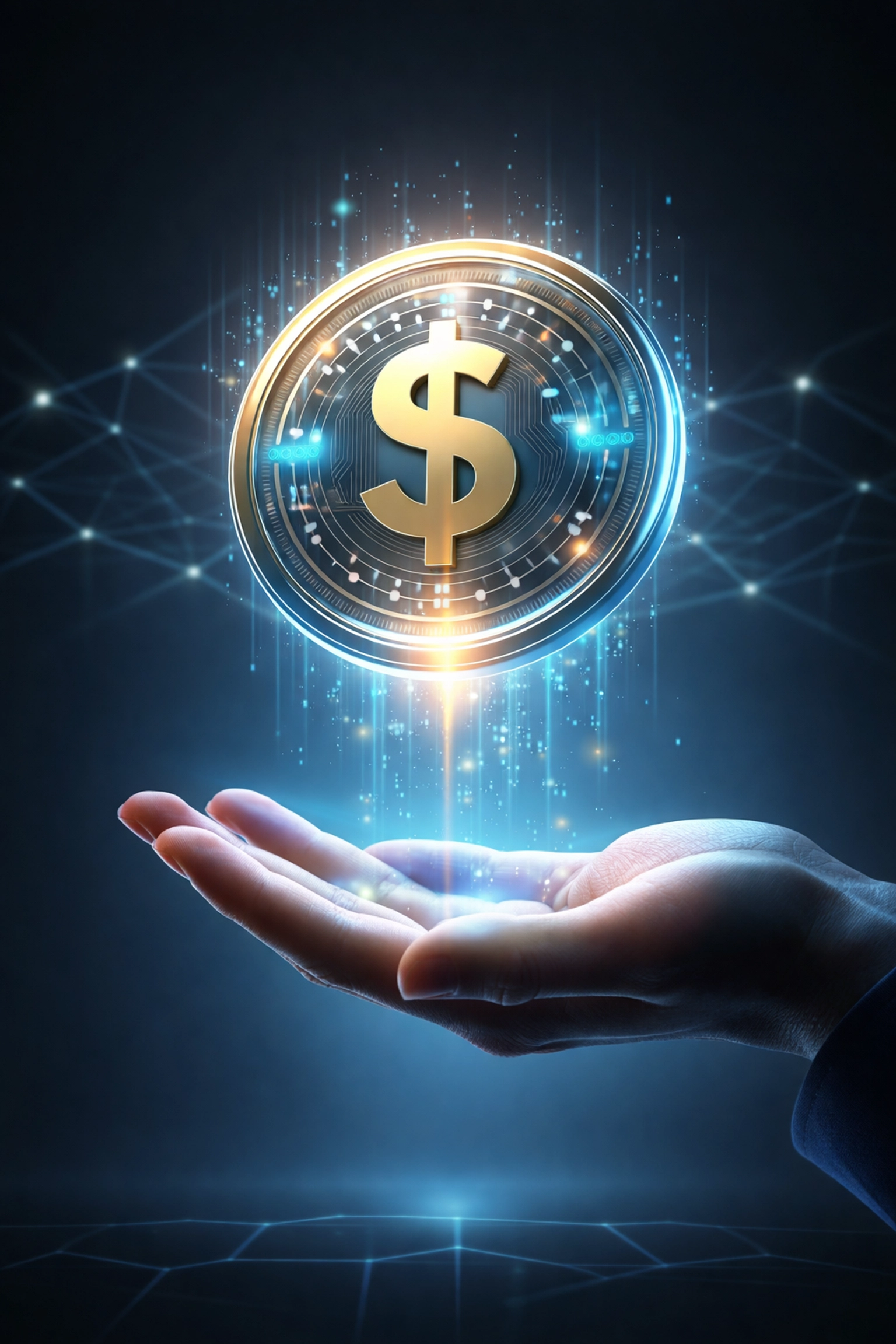 Digital stablecoin hovering above a hand symbolizes LUSD stability in Web3 crypto payments for merchants
