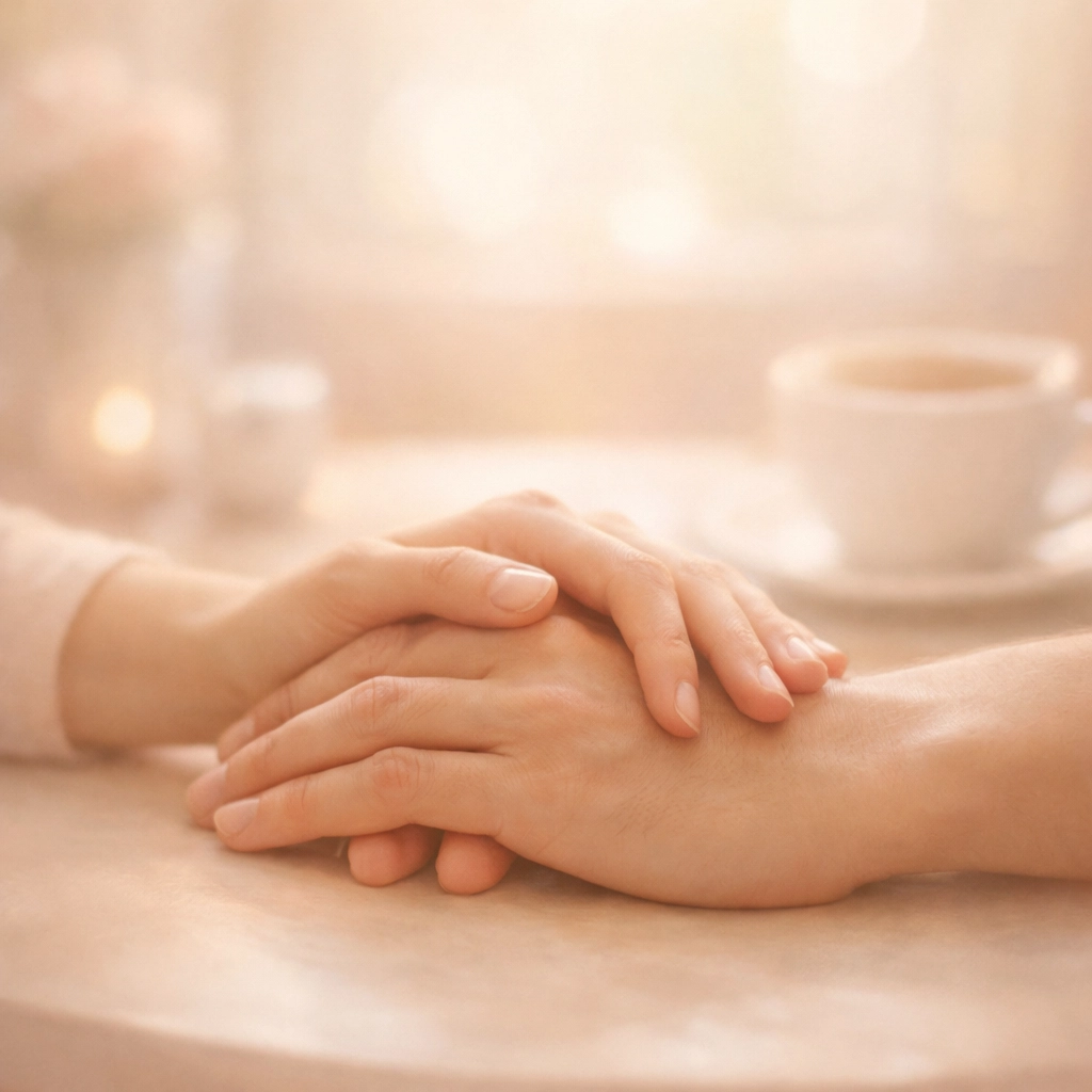 Two hands gently holding across a table representing calm intimacy in healthy relationships