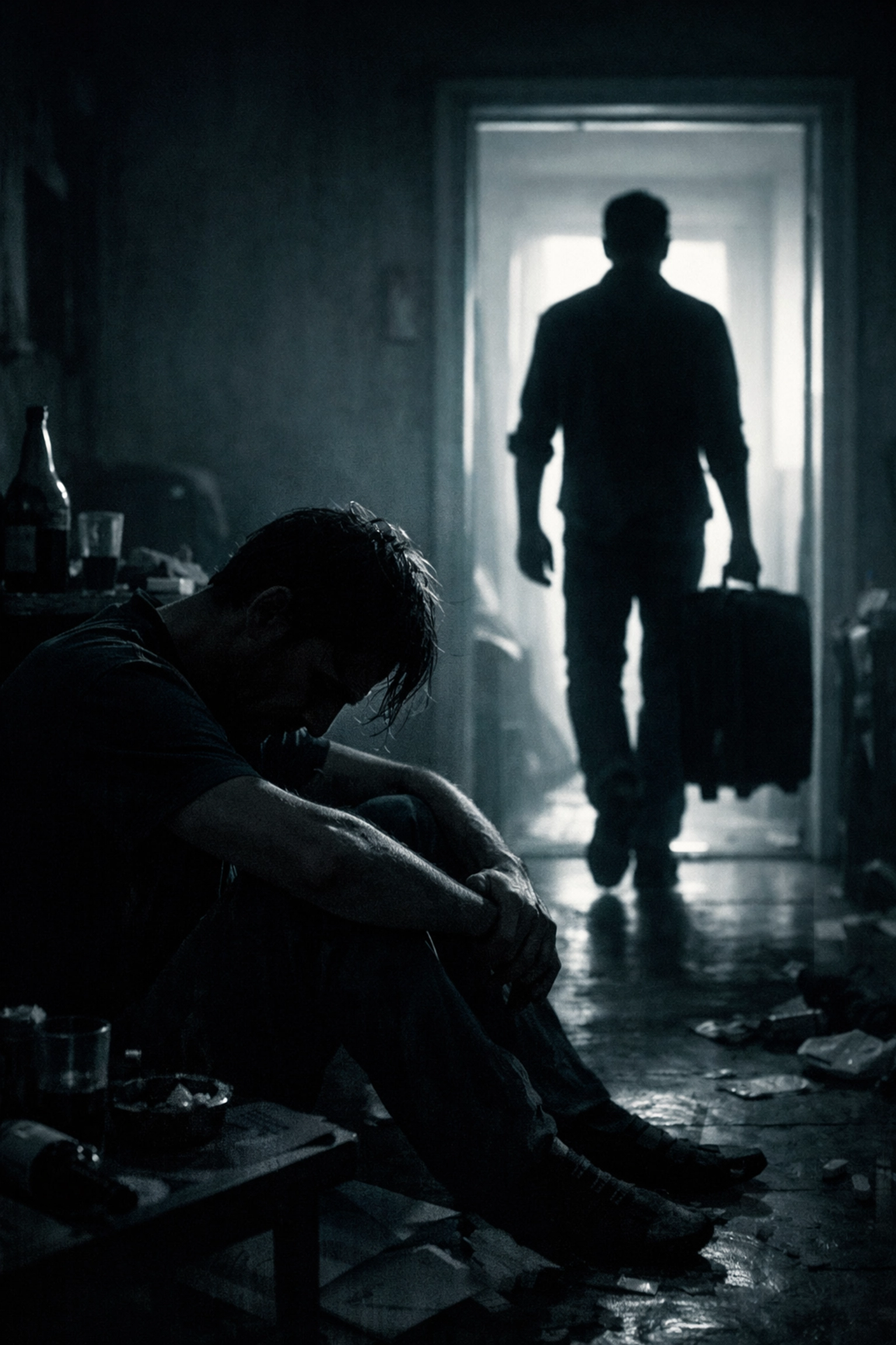 A man sitting alone in a dark apartment as his partner leaves with a suitcase, showing the heavy cost of drug addiction.