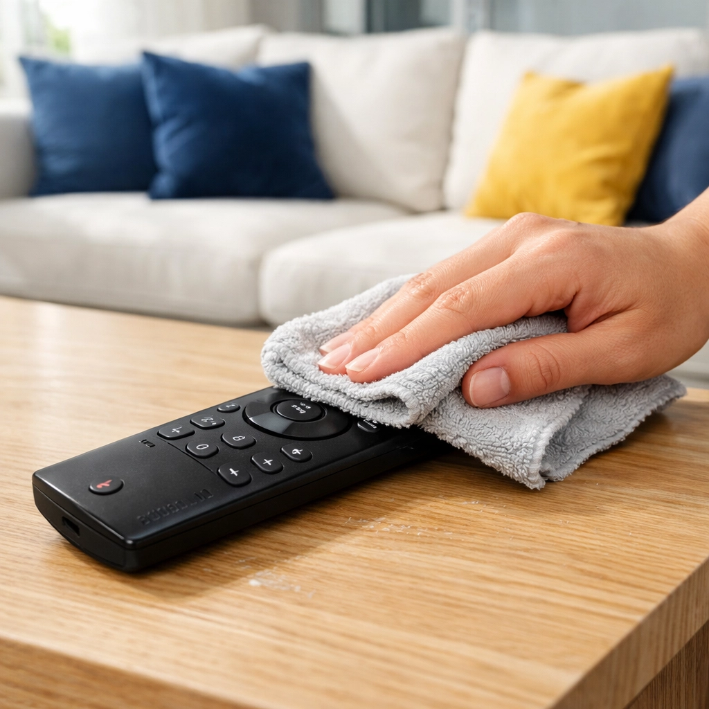 Disinfecting a TV remote control with a microfiber cloth to remove germs in a modern living room.