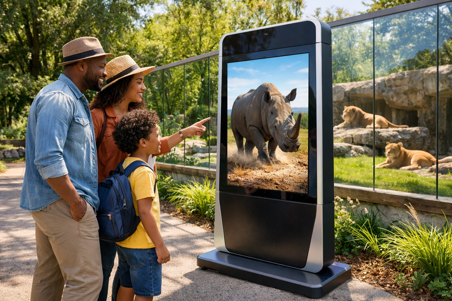 Family interacting with an interactive digital marketing kiosk for brand engagement at a zoo.