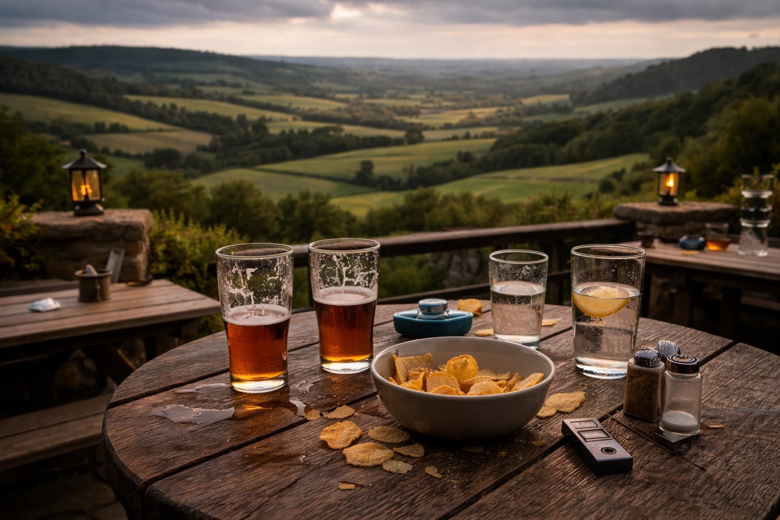 Realistic, evocative photo: dim pub interior with ancient stone fireplace, worn wooden table, two pints catching amber light, condensation on glass, soft shadows.