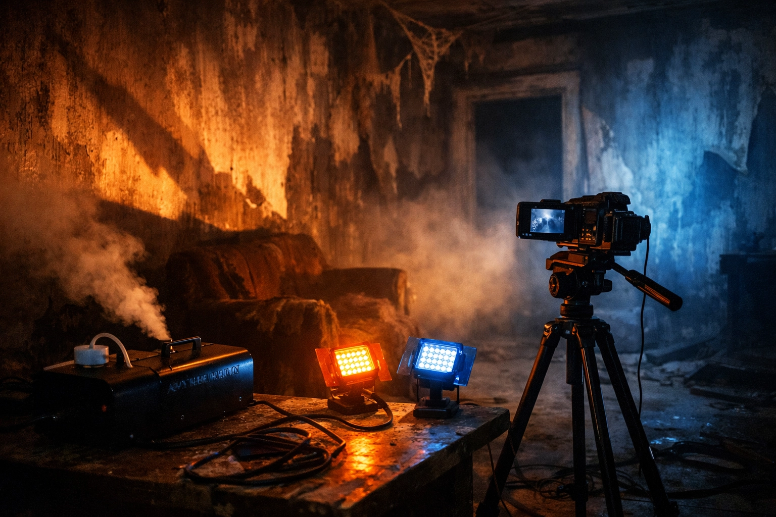 Indie horror film set showing low-budget practical effects and equipment for atmospheric filmmaking