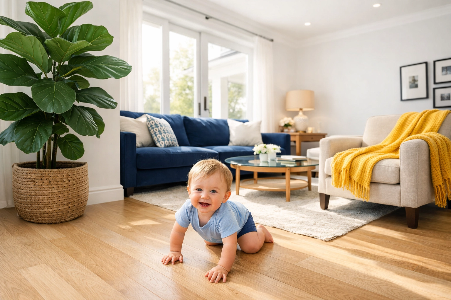 Toddler on a spotless hardwood floor after eco-friendly maid services Worcester in a clean home.