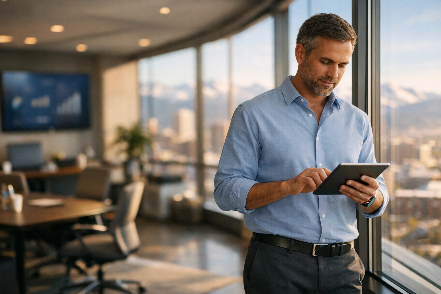 A corporate executive in a Denver office reviewing strategic sports marketing media at 1 PM.