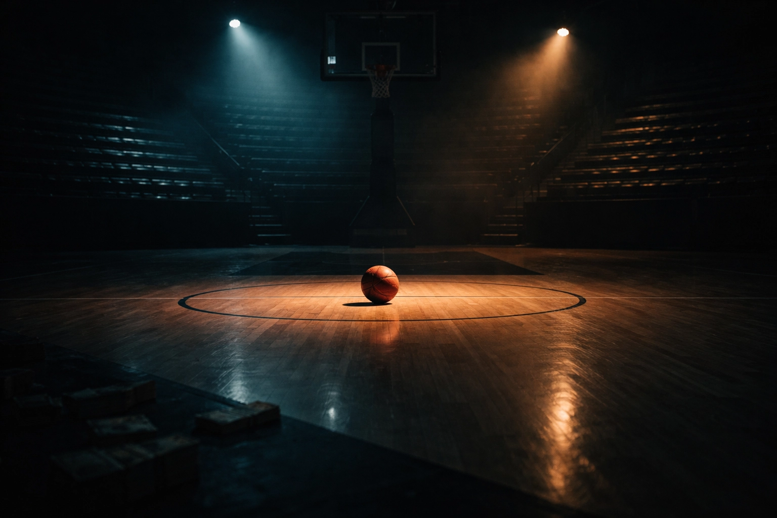 A dimly lit college basketball arena with a spotlight on a basketball and cash on the sidelines, representing point-shaving scandals and the end of amateurism.