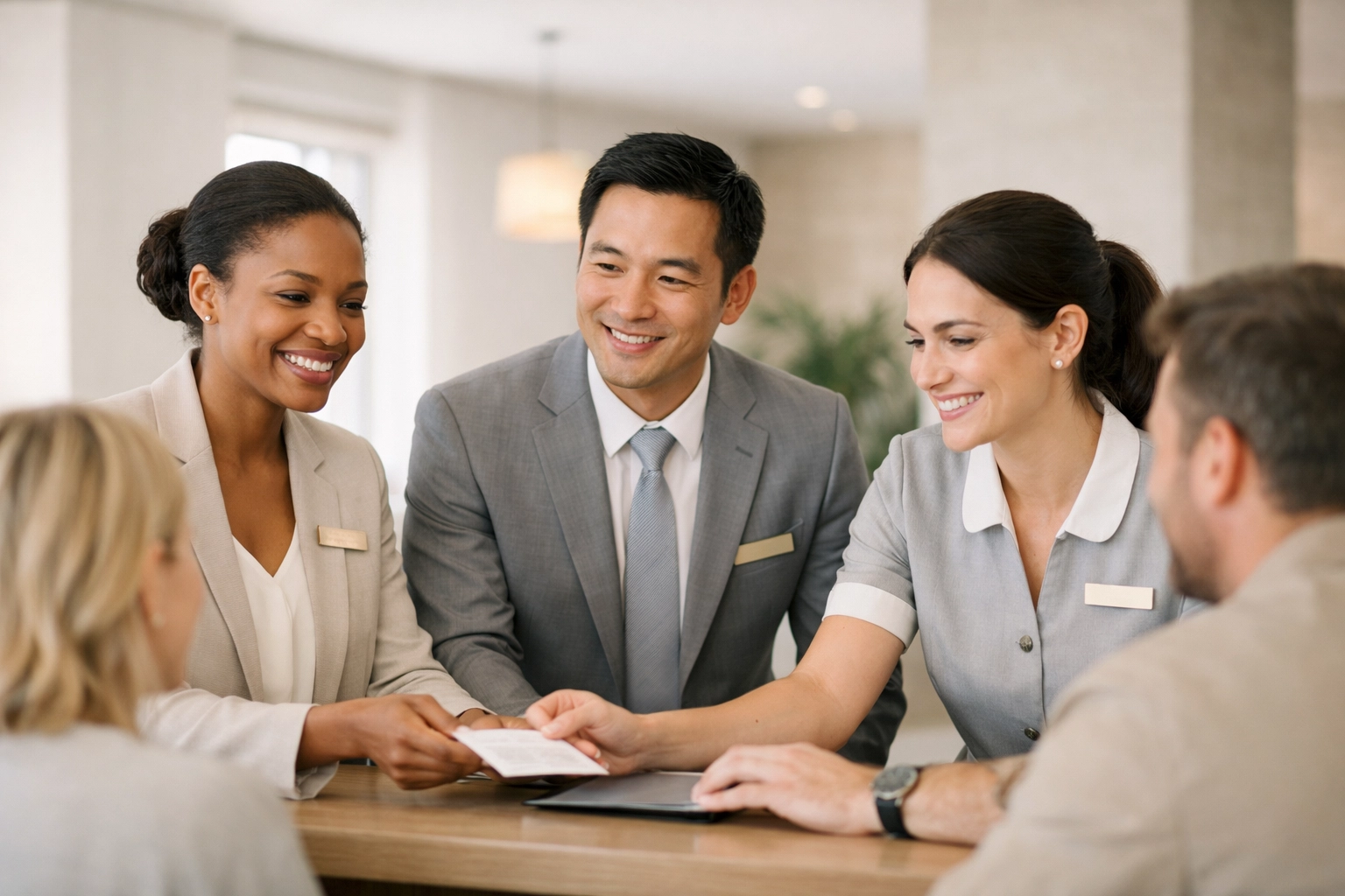 Hotel staff providing personalized guest service with integrated CRM and hotel technology