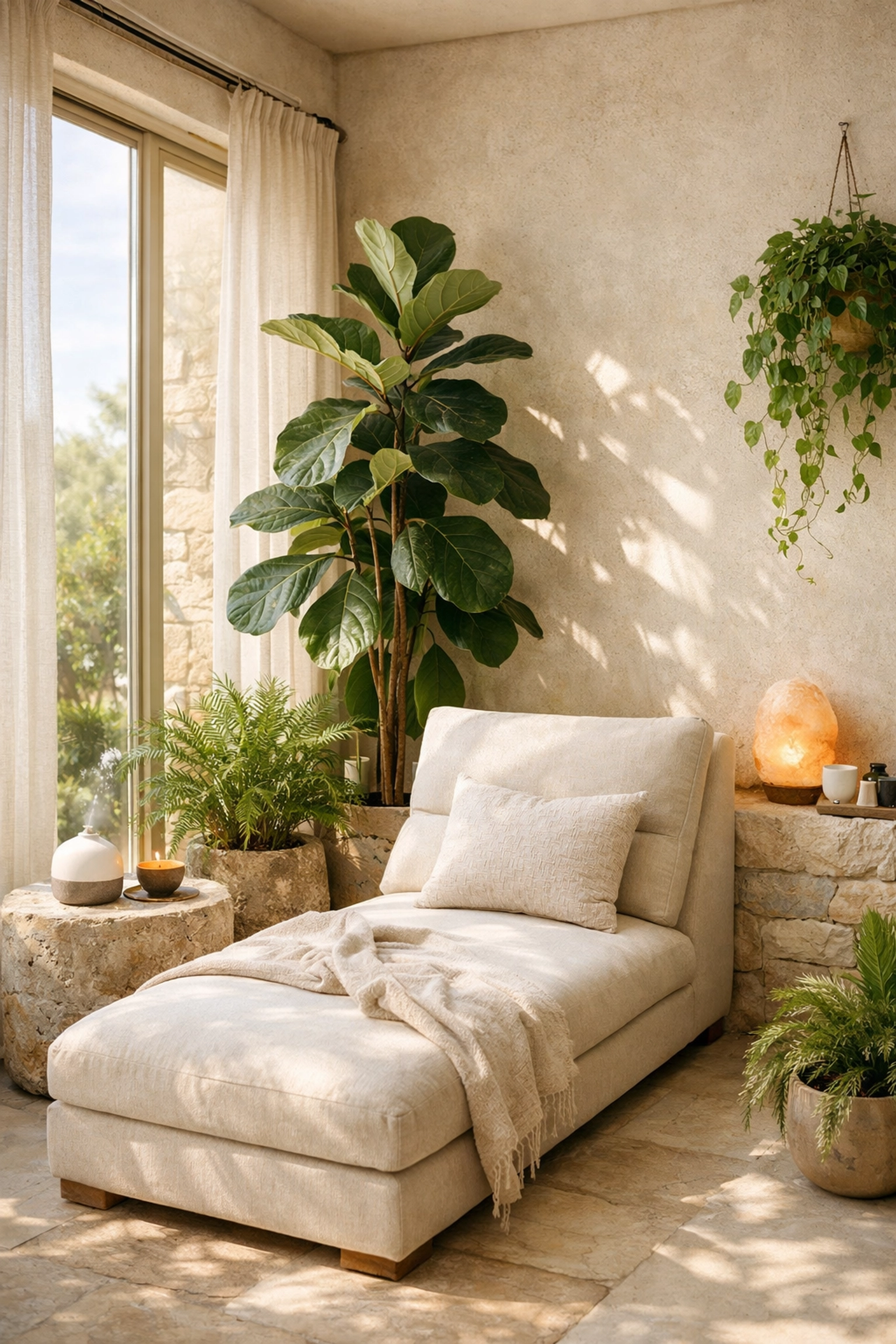 Sunlit residential wellness nook with a comfortable lounge chair and indoor plants for a peaceful home sanctuary.