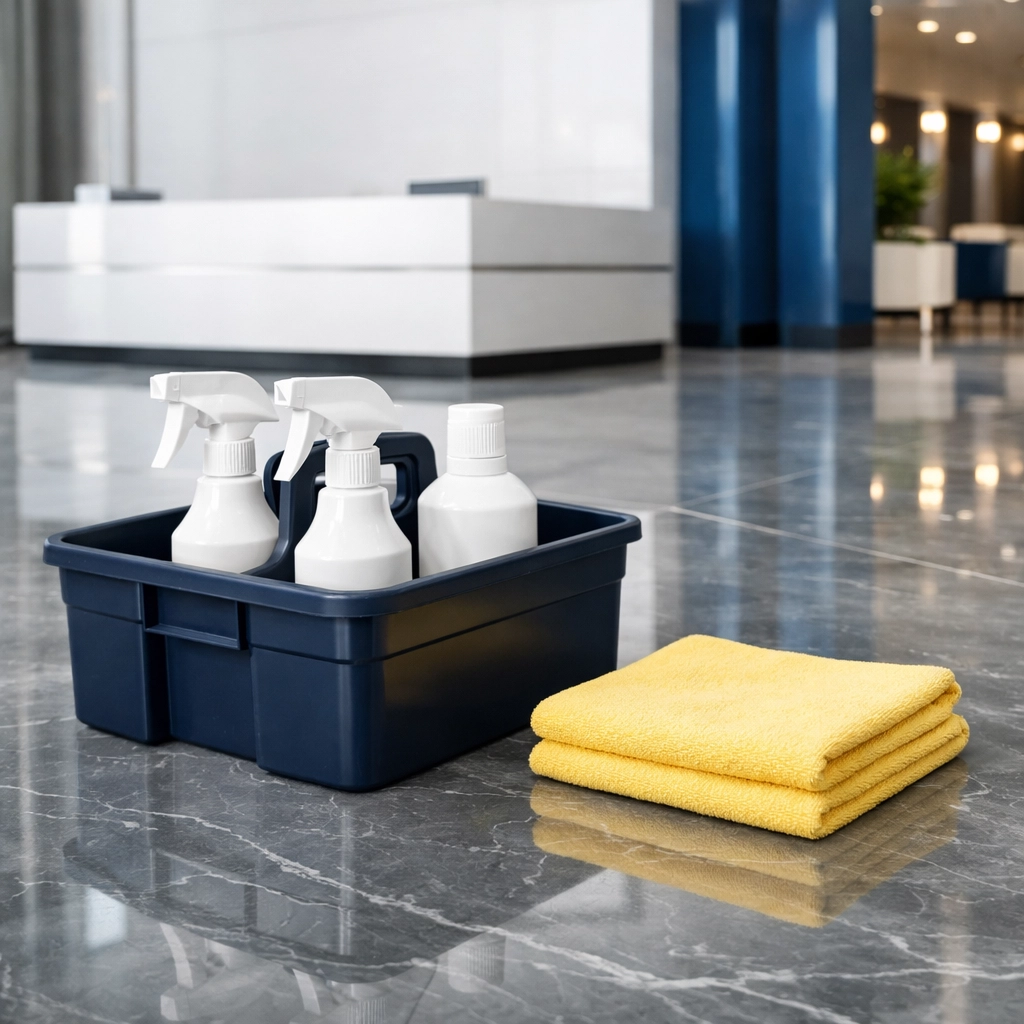 Professional cleaning equipment in a modern lobby representing expert office cleaning in Bedford services.