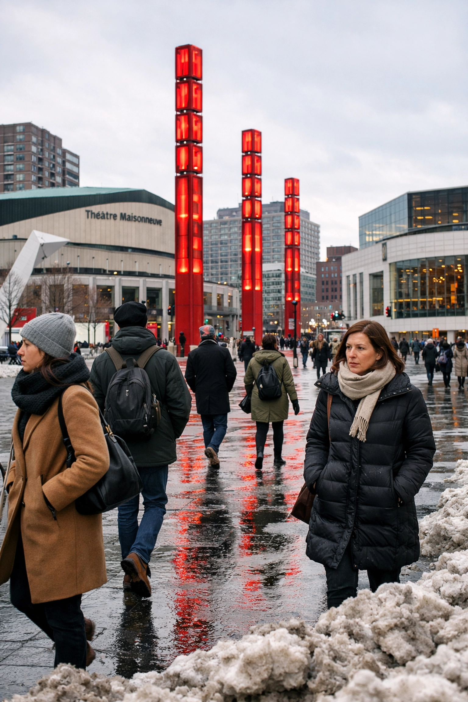 People walking through Place des Festivals, a hub for Montreal local news and cultural events.