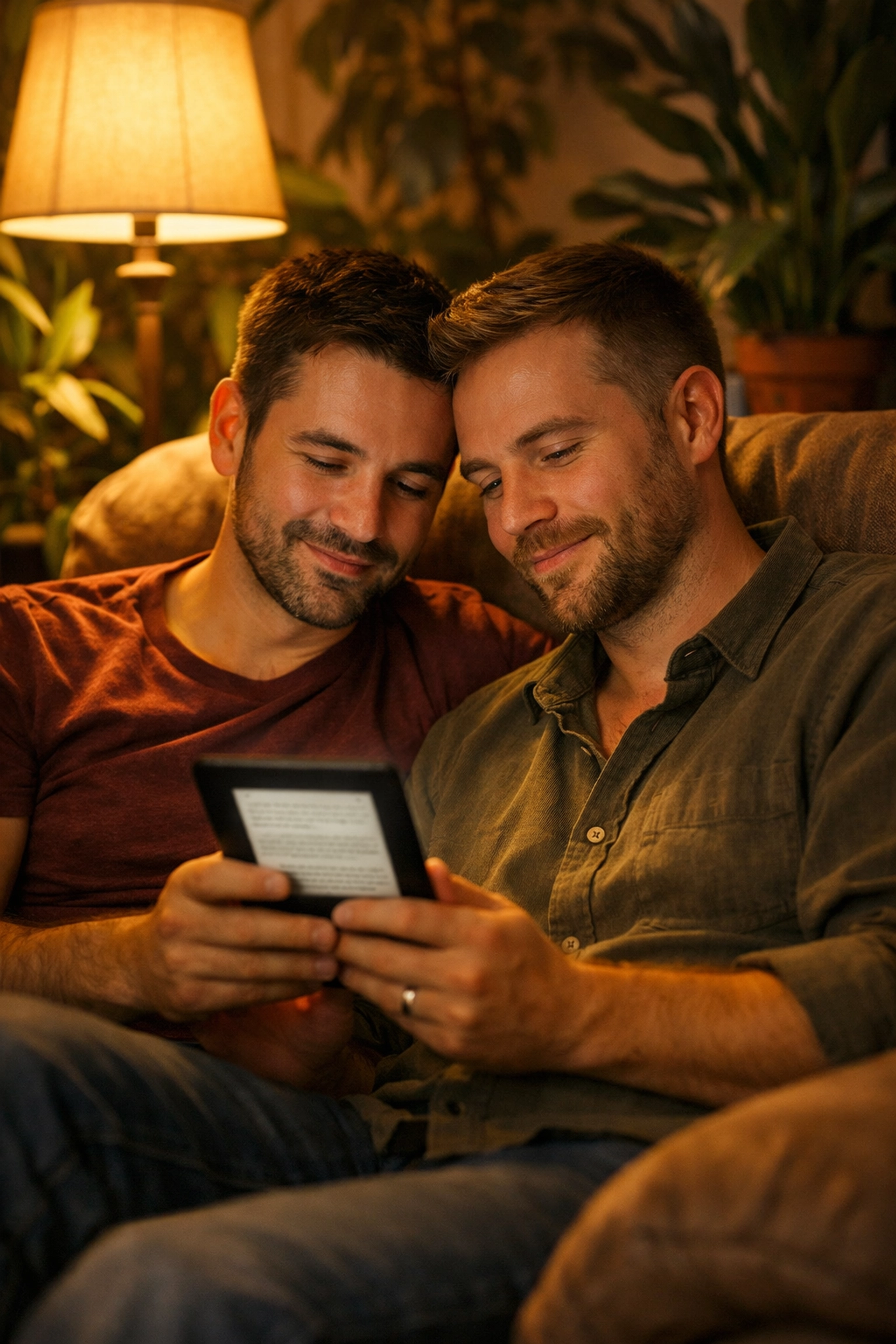 A cozy gay couple sharing an e-reader, perfect for enjoying the best grumpy x sunshine mm romance ebooks.