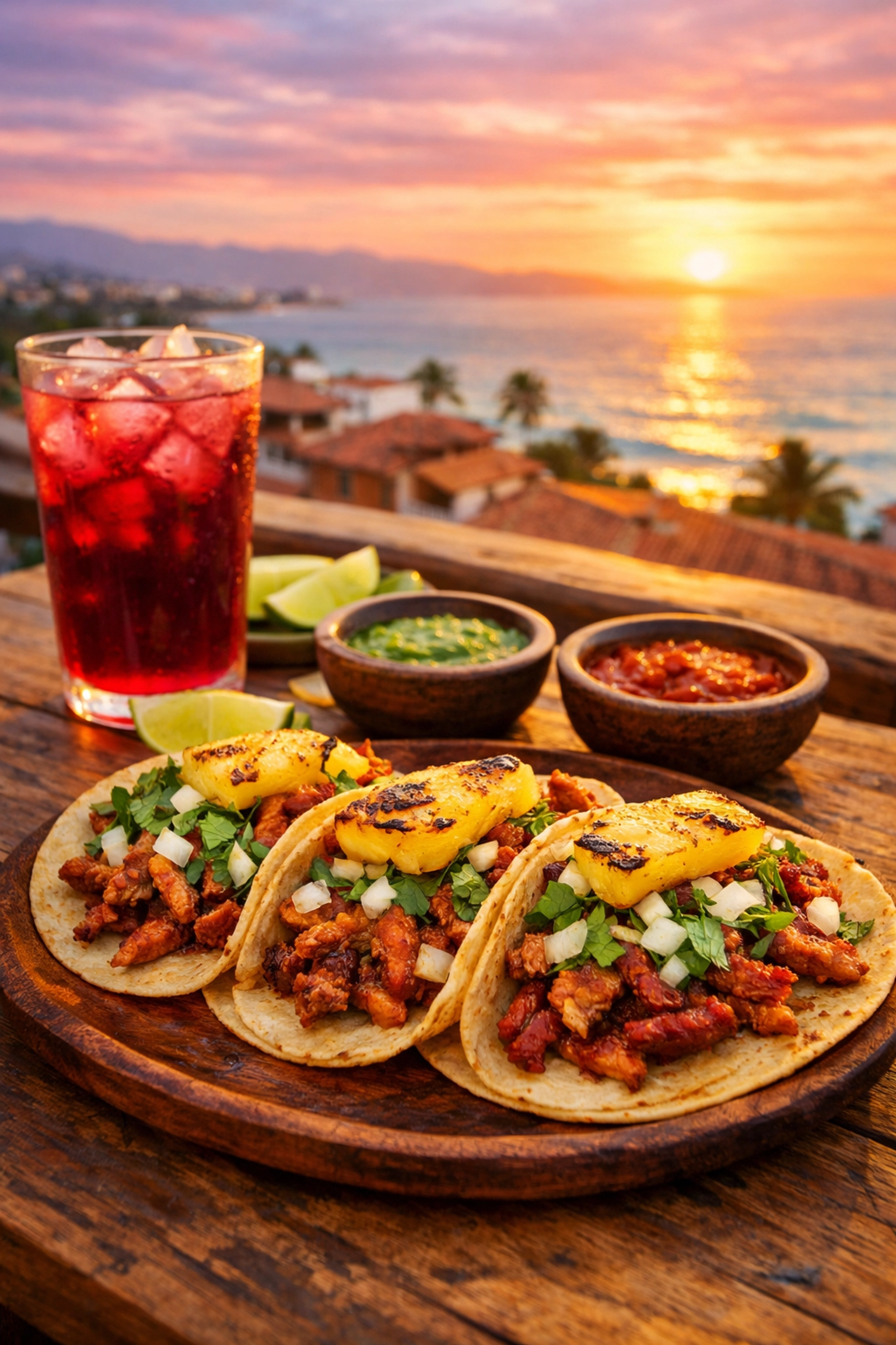 Street tacos and sunset views from an Old Town Puerto Vallarta condo rental balcony.