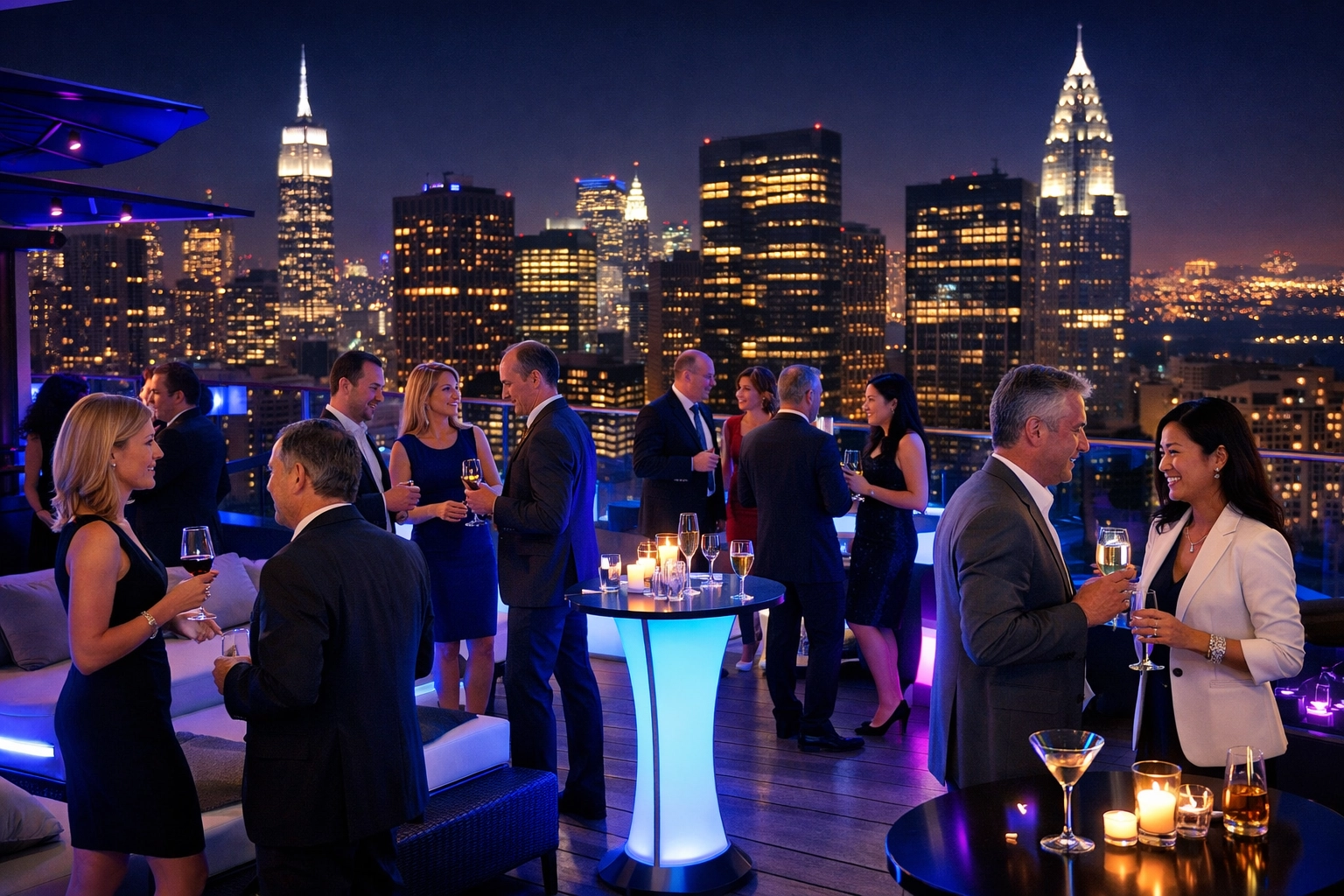 Executive networking at Super Bowl after-party rooftop venue with city skyline views