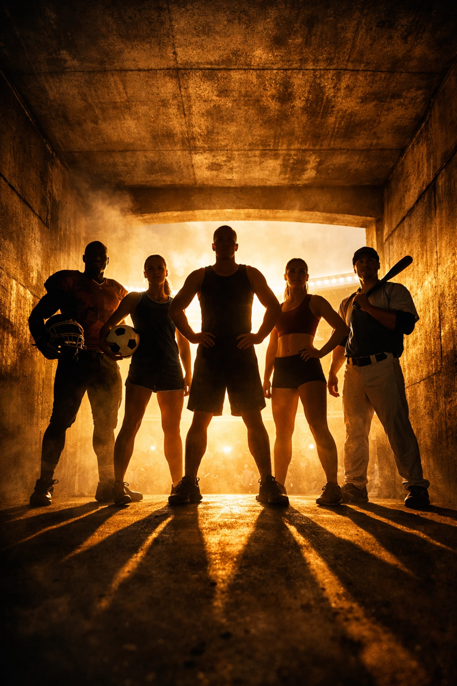 A diverse group of college athletes standing together in a stadium tunnel representing the power of NIL collectives.