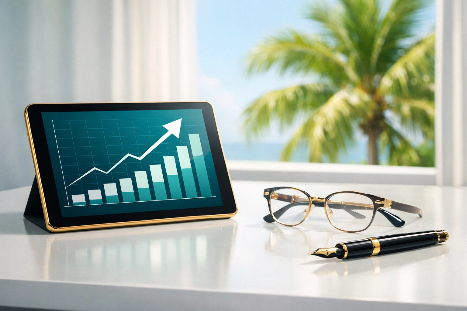 Modern Florida office desk with a tablet showing financial growth charts for 2026 tax planning.