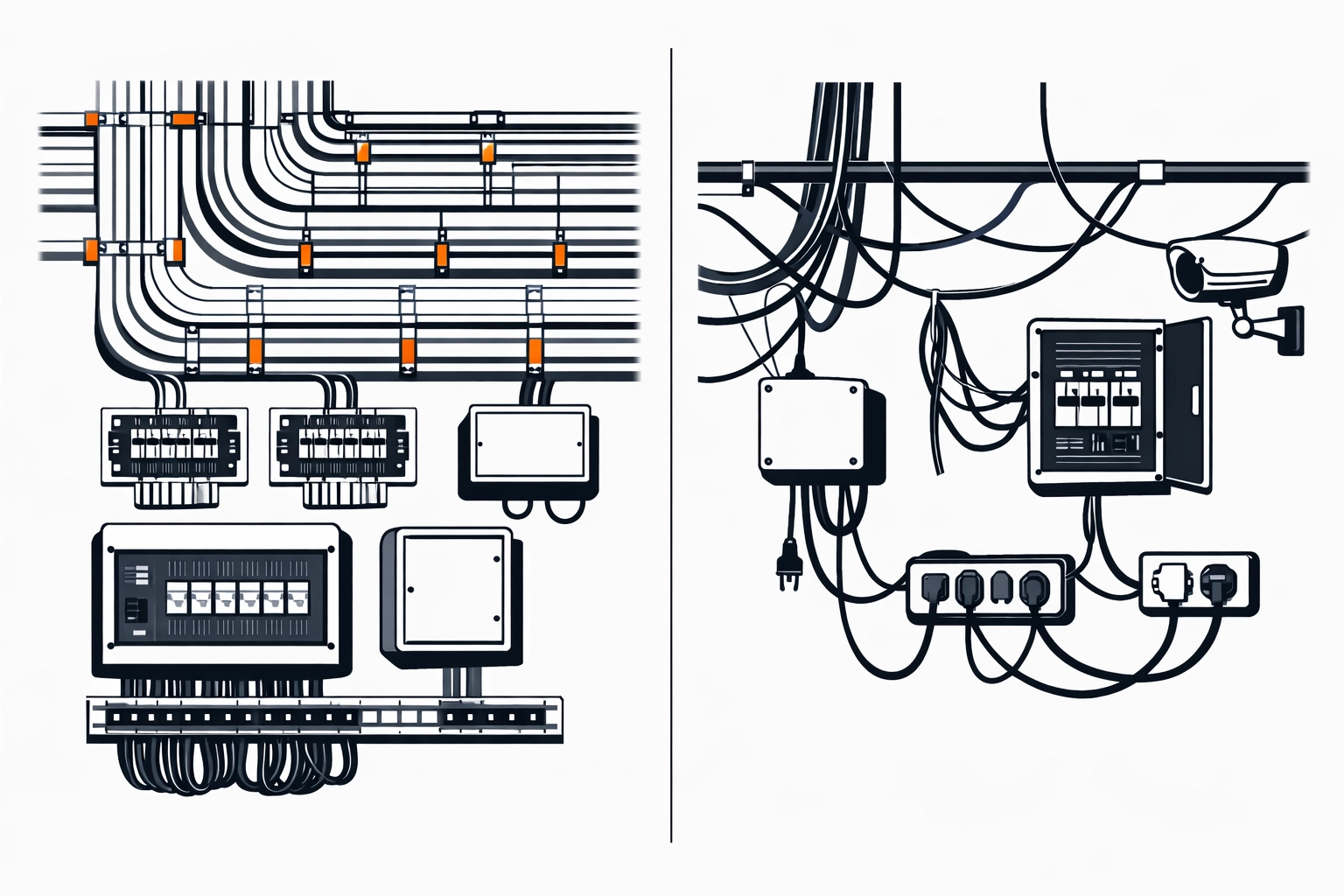 Vergleich zwischen professioneller Leitungsverlegung und einfacher Elektroinstallation in NÖ.