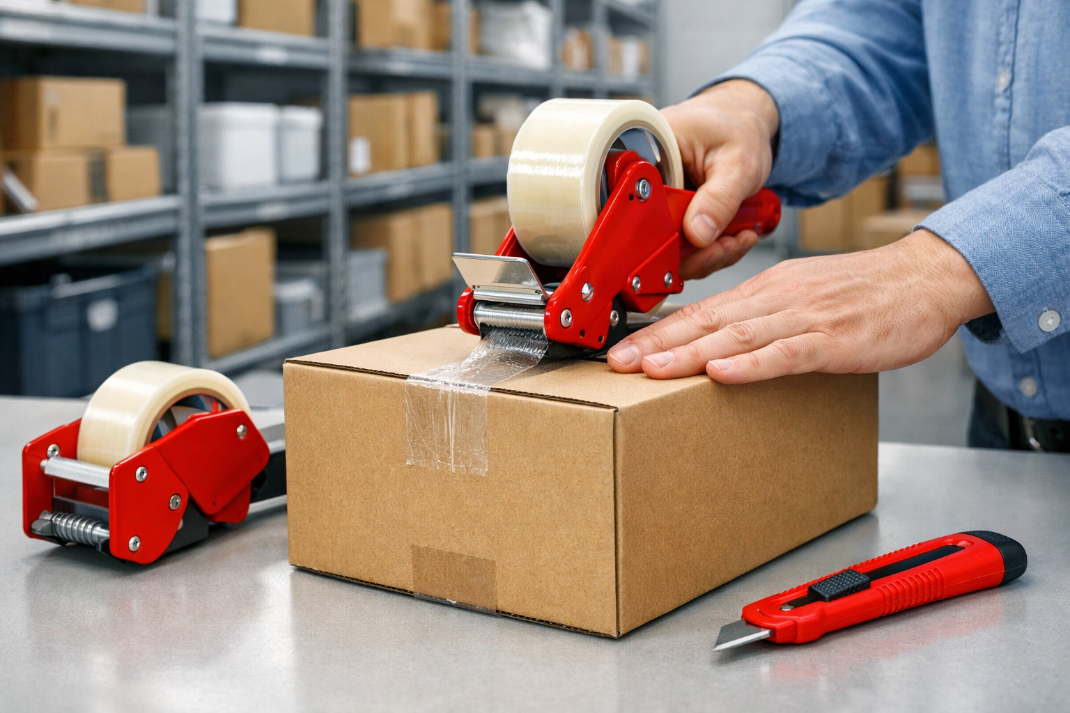 Close-up of hands sealing a box at a professional warehouse and fulfilment station in Hertford.