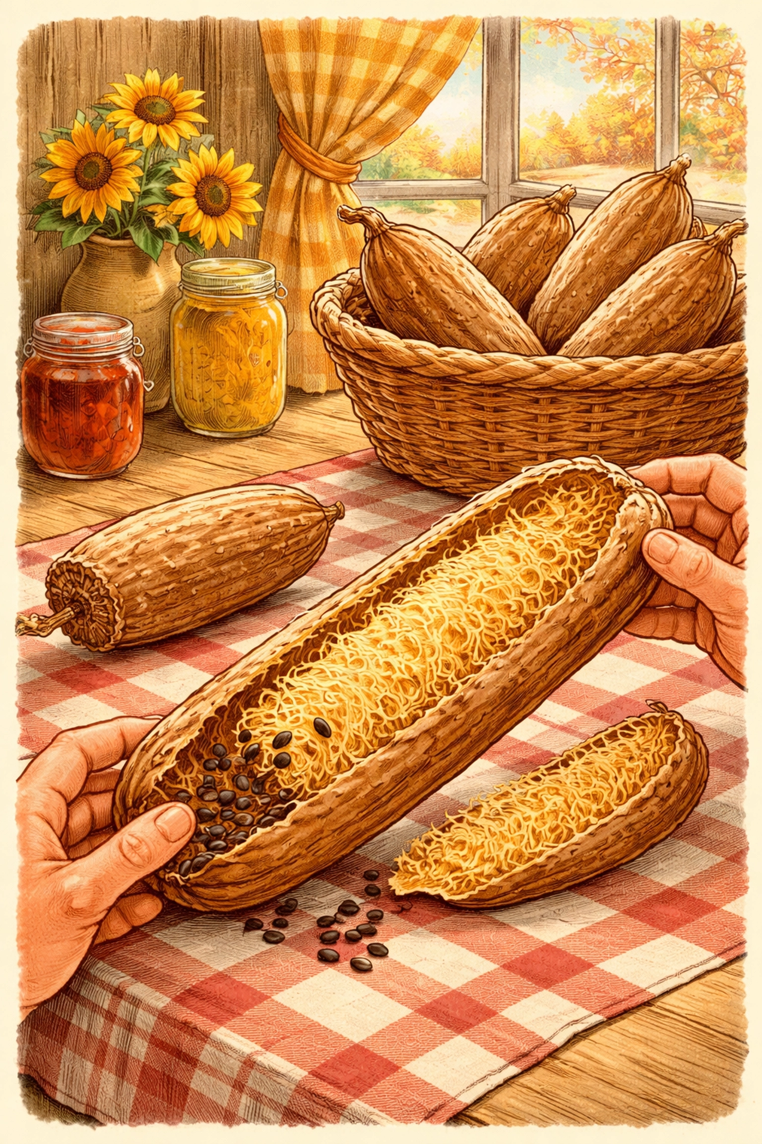 Hand-peeling a dried loofah gourd on a farmhouse table to reveal the fibrous sponge and seeds inside during harvest.