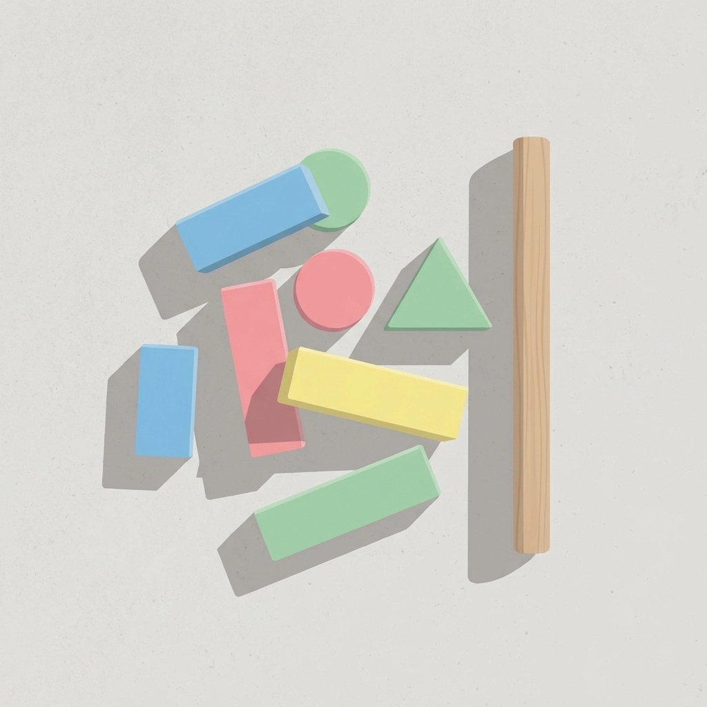 Flat illustration of colored chalk and a wooden dowel on a concrete surface, highlighting simple setup materials used for shadow tracking experiments on the farm.