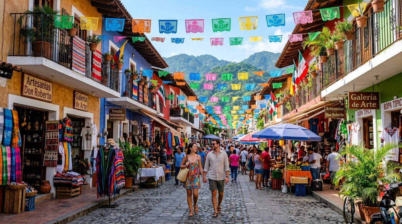 Vibrant street market in Old Town Puerto Vallarta with colorful banners