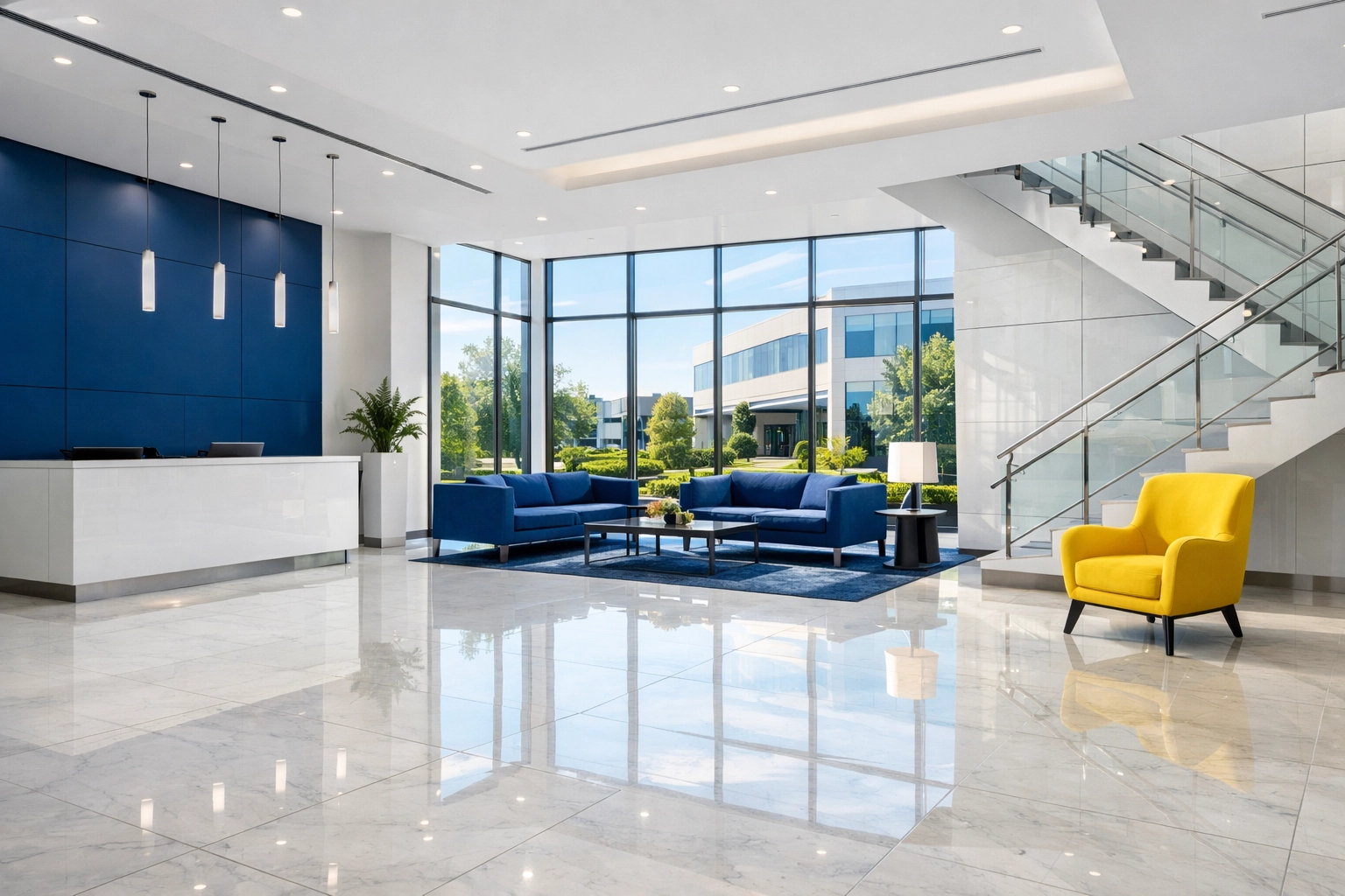 Clean and polished Norwood commercial lobby with gleaming marble floors and modern office design.