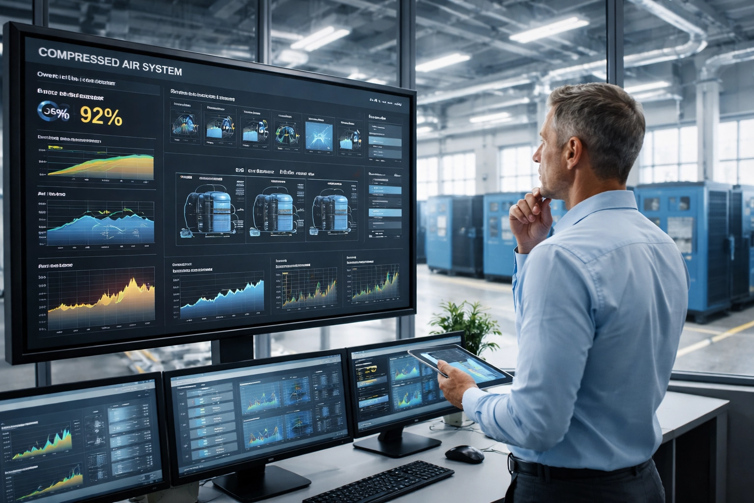 Facility manager in control room analyzing air compressor system efficiency data with industrial screw compressors in view