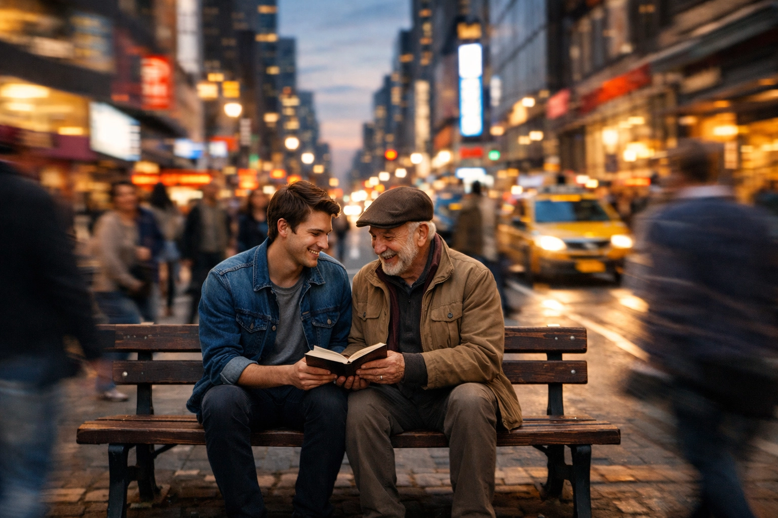 A young man and older man sharing a spiritual conversation on a busy city park bench.