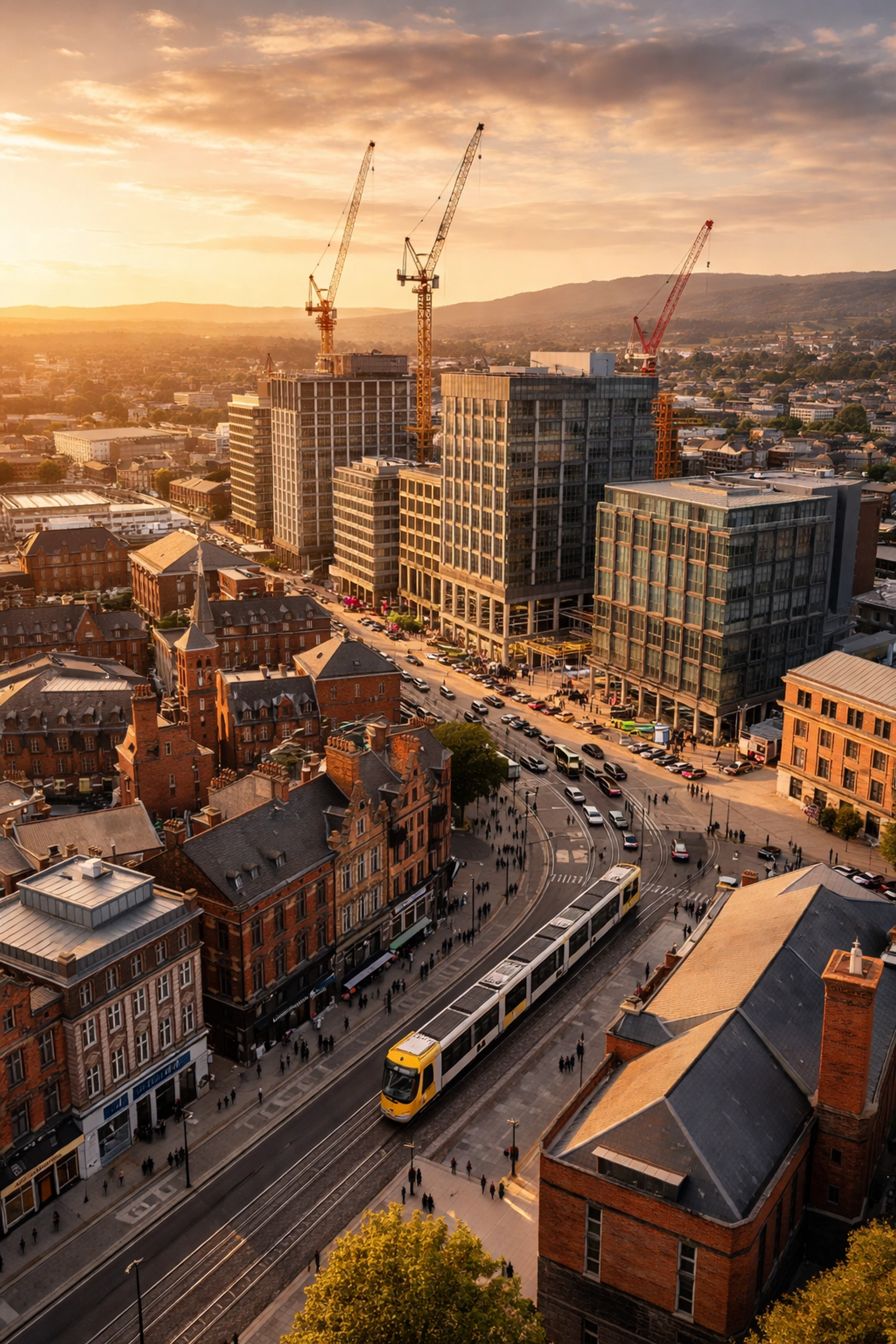 Aerial view of Oldham town centre regeneration showing new buildings and construction cranes, highlighting property investment growth.