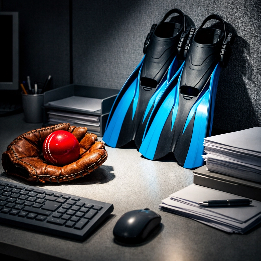 A boring office desk brightened by cricket and scuba gear, ideal for rude mugs and office banter.