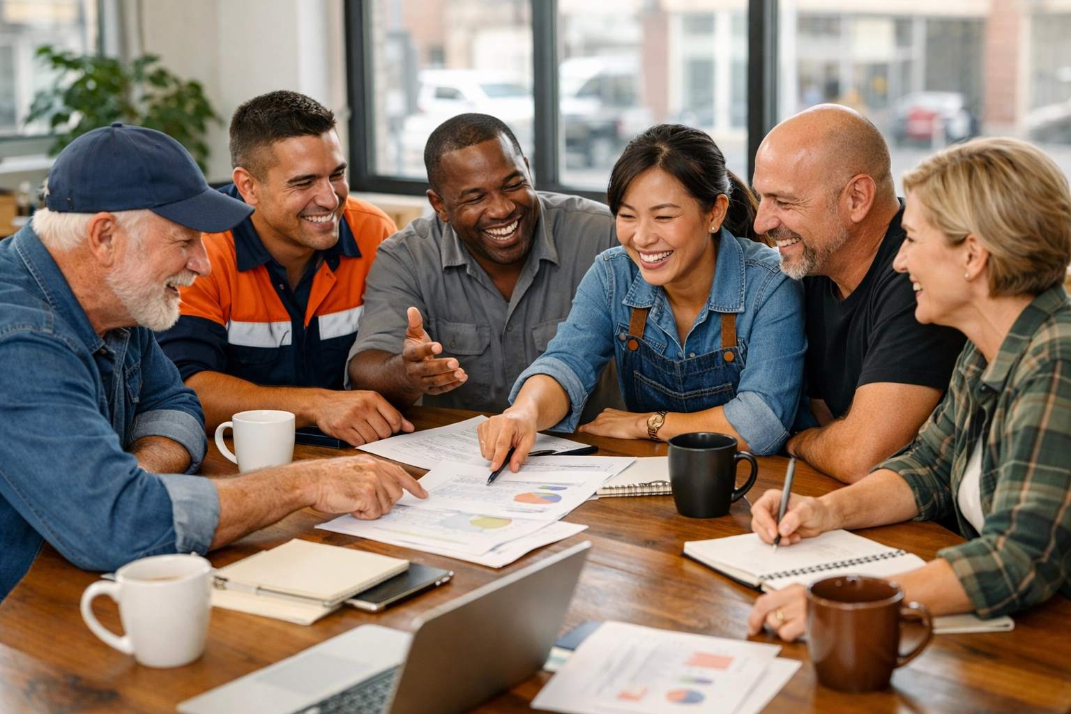 Blue-collar business owners collaborating in a growth community meeting
