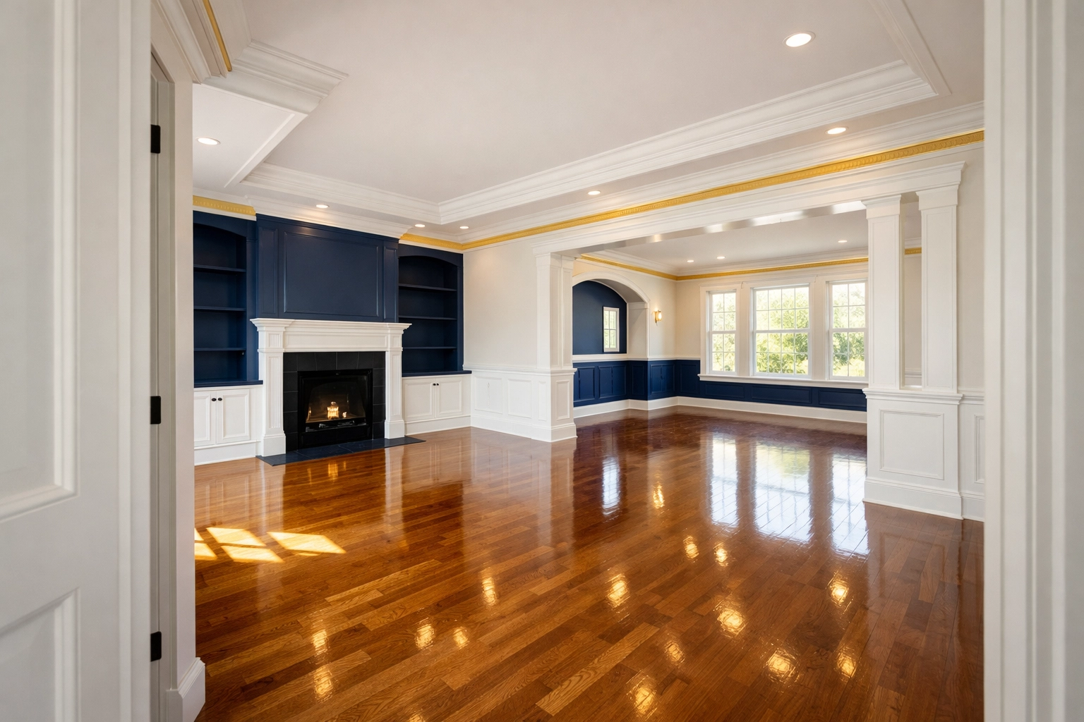 Pristine empty living room with polished hardwood floors after a professional move-out clean in MA.