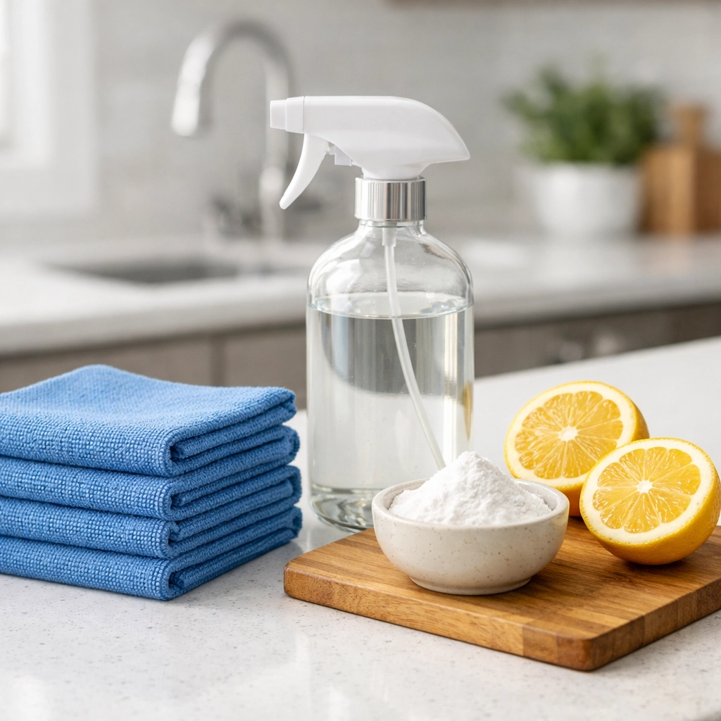 Eco-friendly cleaning supplies including blue microfiber cloths and natural ingredients on a clean counter.