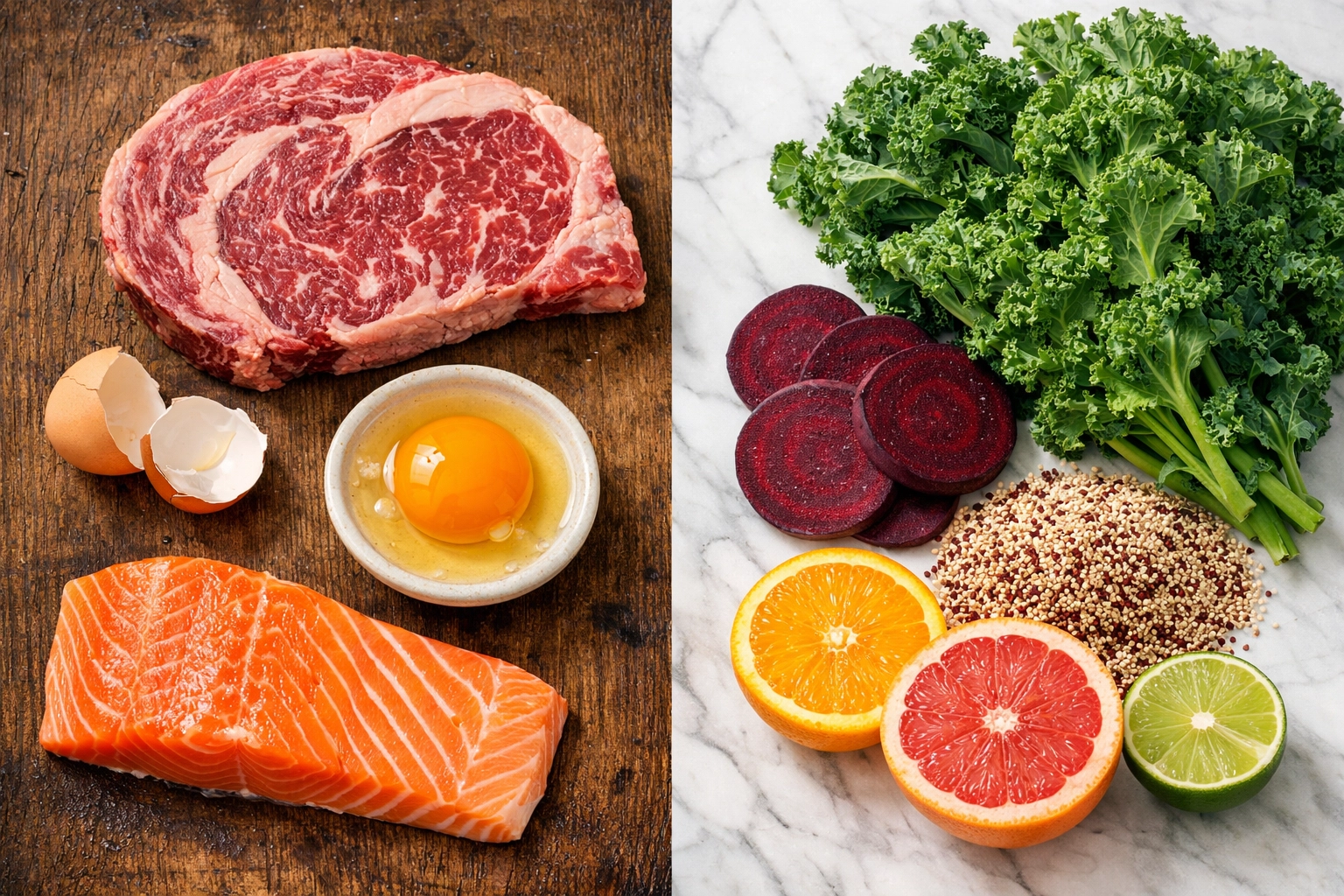 Comparison of carnivore diet staples like steak and salmon versus vegan plant-based foods like kale and quinoa.