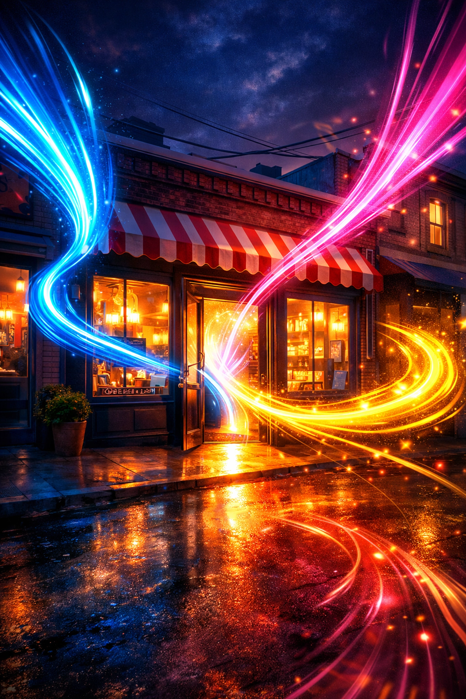 Digital marketing trails for SEO and Google Ads flowing into a local small business shop.