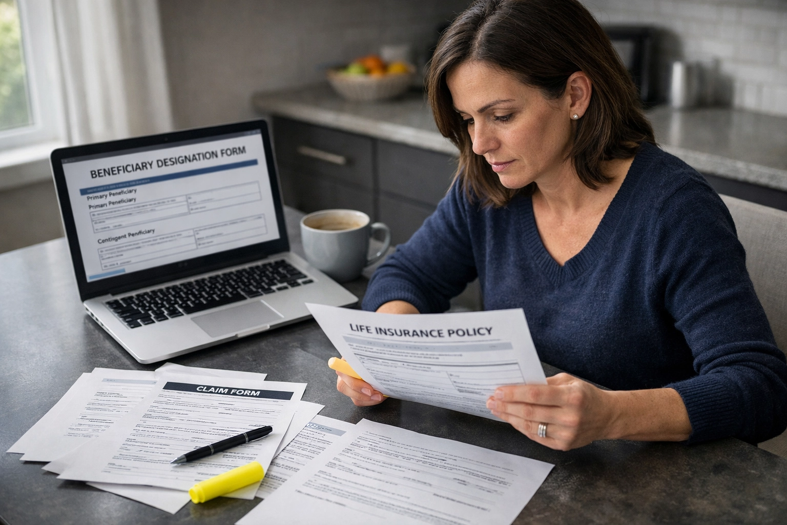 Divorced parent reviewing beneficiary forms and life insurance documents for estate planning