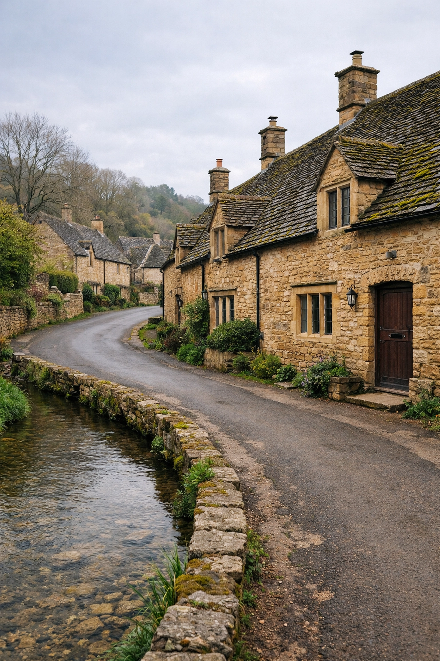Quiet street with honey-colored stone cottages and the River Windrush in Naunton village.