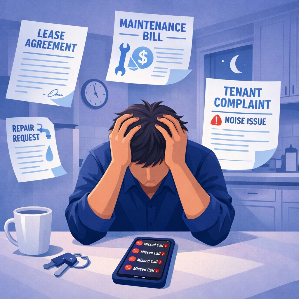 Overwhelmed NJ landlord managing rental property paperwork and tenant issues late at night