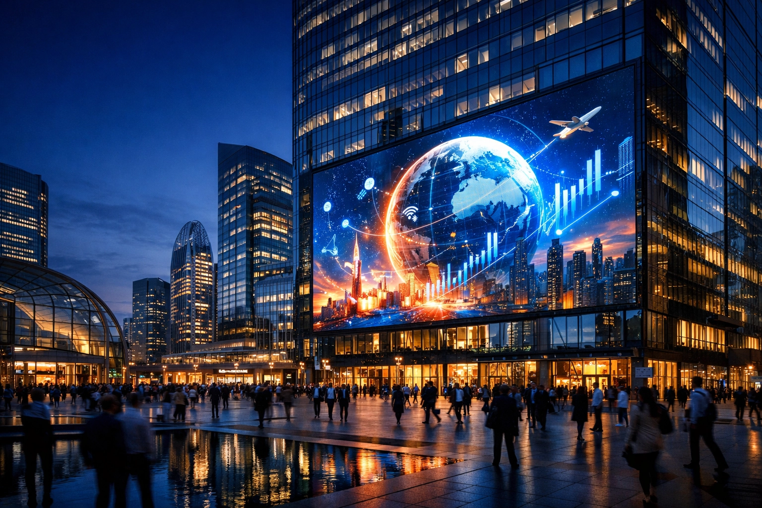 Large digital billboard on an international skyscraper highlighting global DOOH advertising reach.