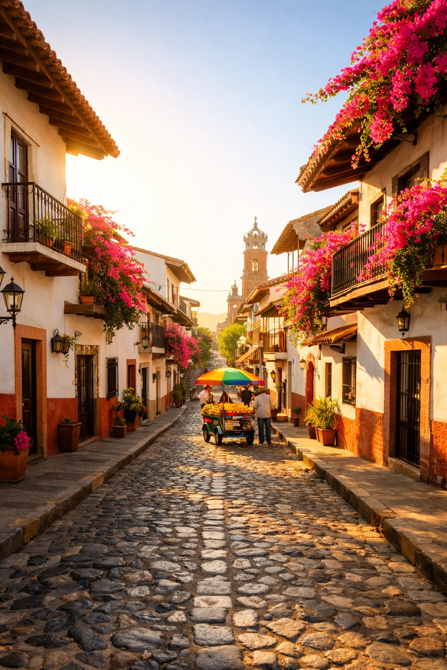 Traditional cobblestone street and architecture in the heart of Puerto Vallarta Old Town.