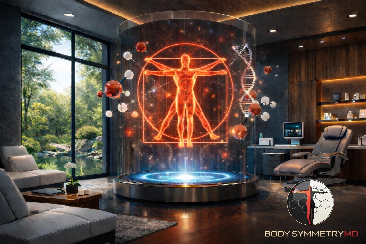 Modern medical wellness center featuring molecular structures representing recovery-focused peptide therapy.